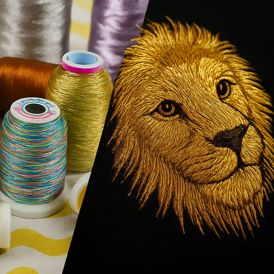 Spools of colorful thread and an embroidered lion design on a black background.